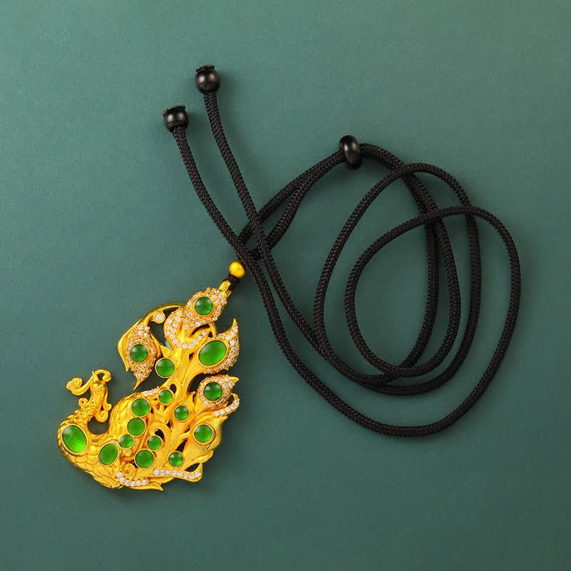 Buddha Stones Collar de latón chapado en oro con diseño de pavo real y símbolo de autoconfianza. - Cuerda negra con cuentas - image 7