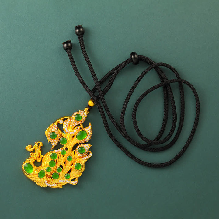 Buddha Stones Collar de latón chapado en oro con diseño de pavo real y símbolo de autoconfianza. - Cuerda negra con cuentas - image 7