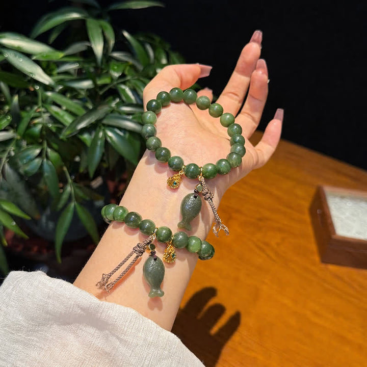 Buddha Stones Pulsera de la prosperidad con forma de calabaza y pez koi de jade cian natural - image 3