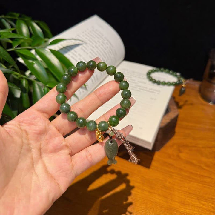 Buddha Stones Pulsera de la prosperidad con forma de calabaza y pez koi de jade cian natural - image 1