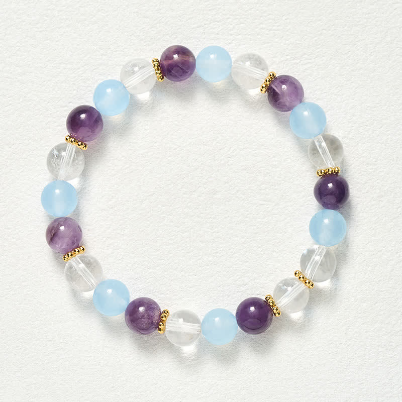 Buddha Stones Pulsera protectora de cuentas de cuarzo transparente, amatista y calcedonia azul - image 9