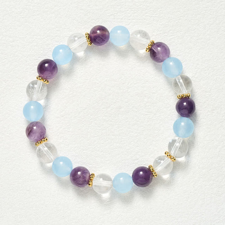 Buddha Stones Pulsera protectora de cuentas de cuarzo transparente, amatista y calcedonia azul - image 9