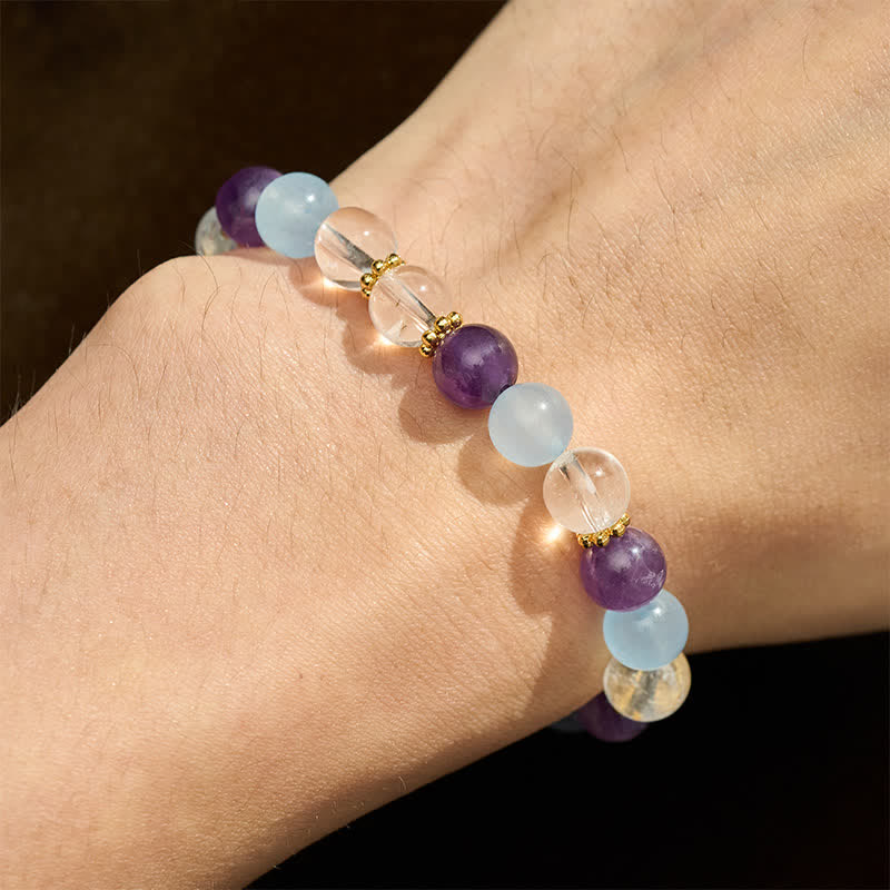 Buddha Stones Pulsera protectora de cuentas de cuarzo transparente, amatista y calcedonia azul - image 4