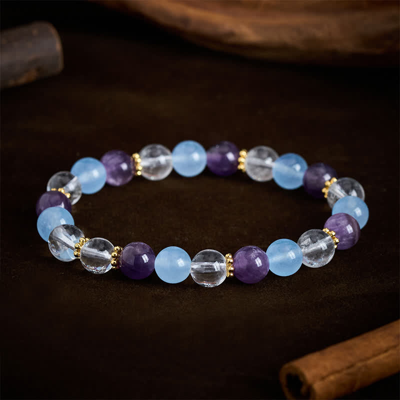 Buddha Stones Pulsera protectora de cuentas de cuarzo transparente, amatista y calcedonia azul - image 1