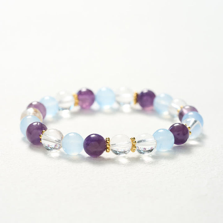 Buddha Stones Pulsera protectora de cuentas de cuarzo transparente, amatista y calcedonia azul - image 10