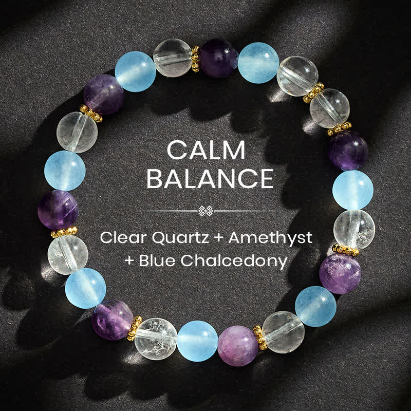 Buddha Stones Pulsera protectora de cuentas de cuarzo transparente, amatista y calcedonia azul - Cuarzo transparente (Protección ♥ Sanación) - image 0