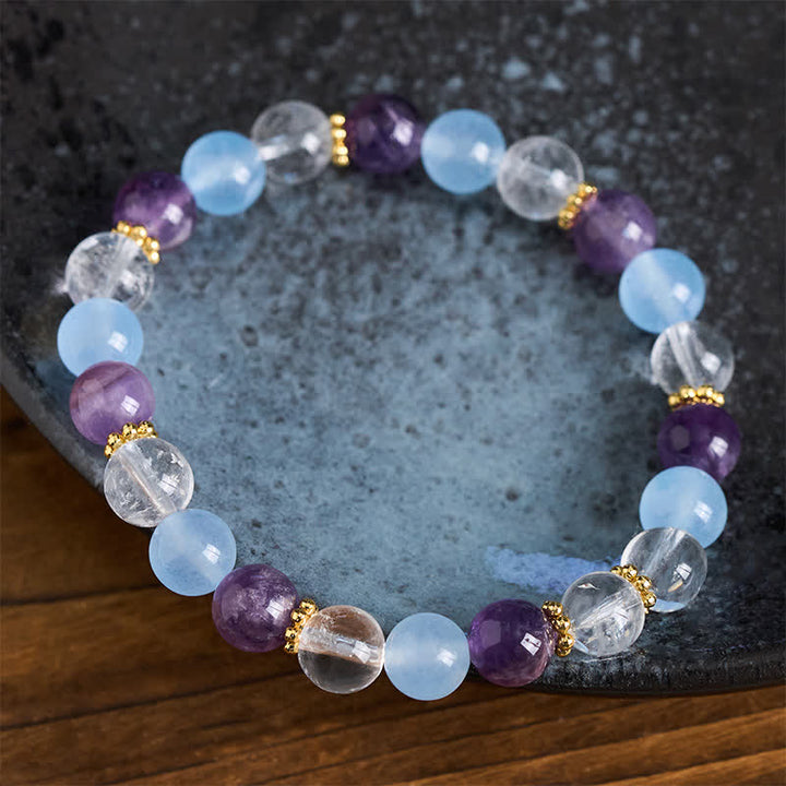 Buddha Stones Pulsera protectora de cuentas de cuarzo transparente, amatista y calcedonia azul - image 2