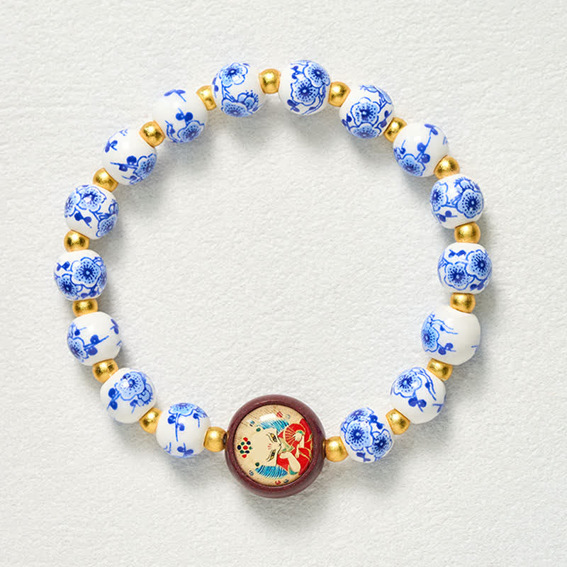 Buddha Stones Pulsera de cuentas de sabiduría con forma de zorro de porcelana azul y blanca - image 9