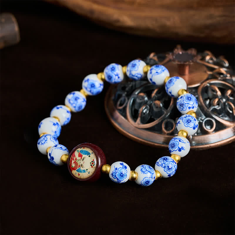 Buddha Stones Pulsera de cuentas de sabiduría con forma de zorro de porcelana azul y blanca - image 1