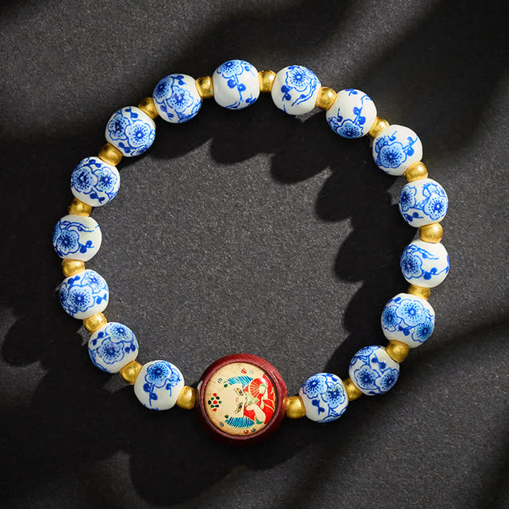 Buddha Stones Pulsera de cuentas de sabiduría con forma de zorro de porcelana azul y blanca - image 3