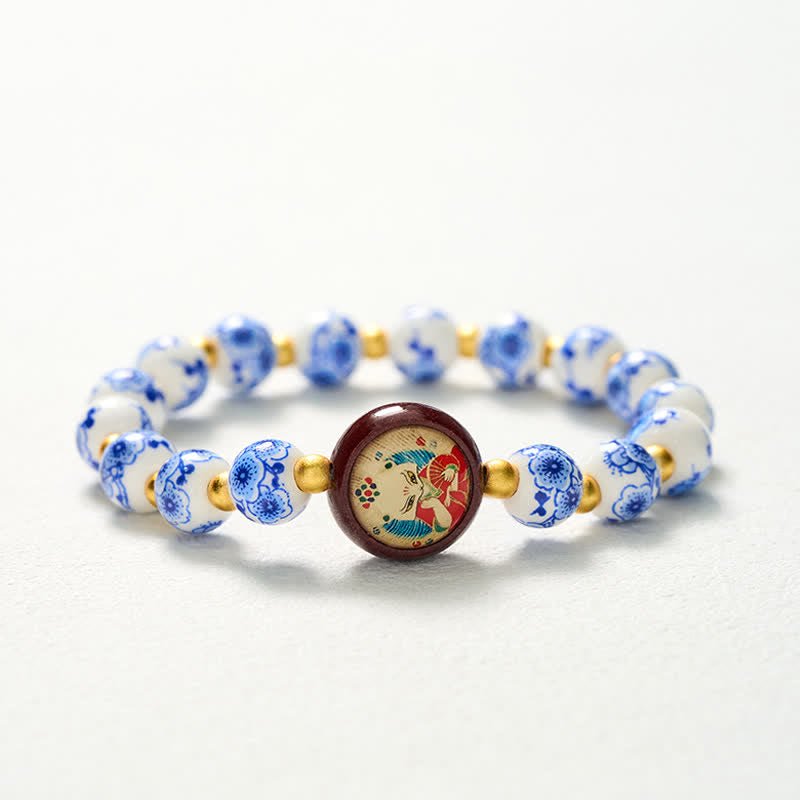 Buddha Stones Pulsera de cuentas de sabiduría con forma de zorro de porcelana azul y blanca - image 10