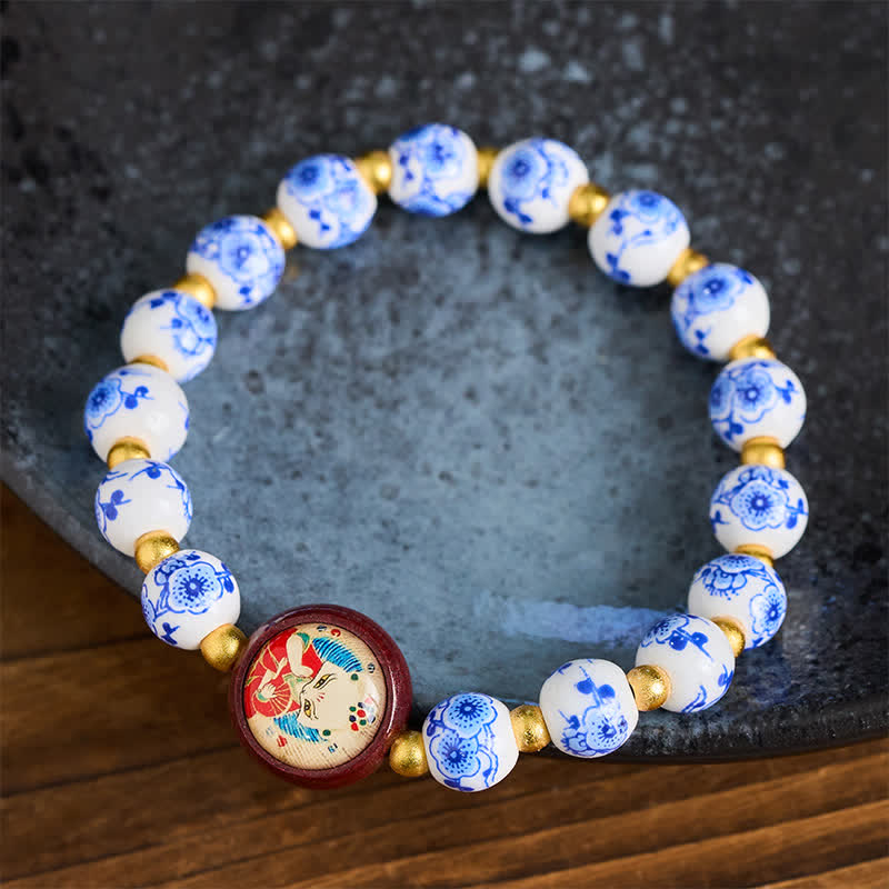 Buddha Stones Pulsera de cuentas de sabiduría con forma de zorro de porcelana azul y blanca - image 2