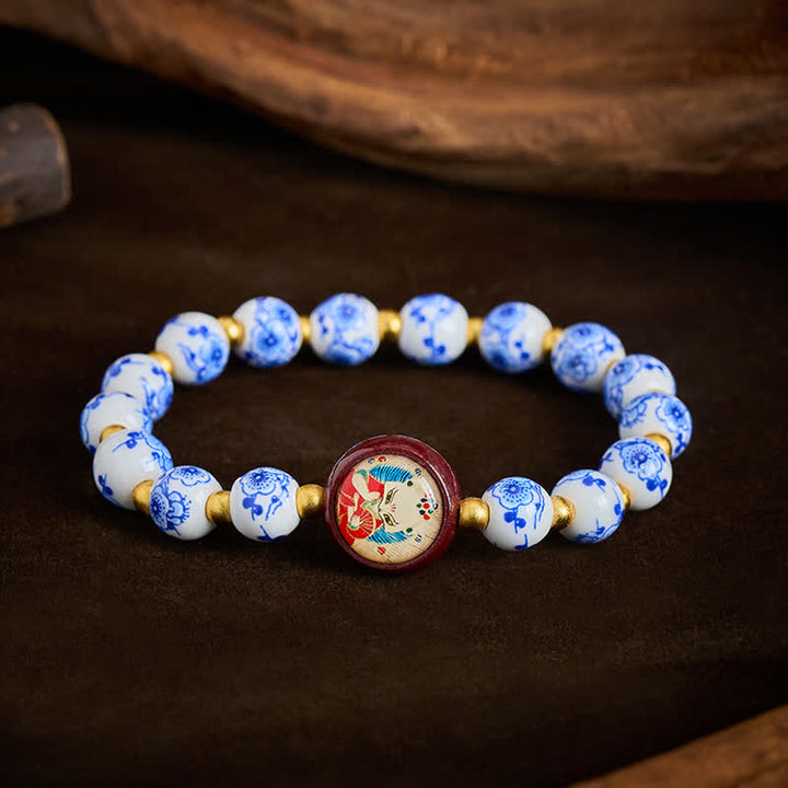 Buddha Stones Pulsera de cuentas de sabiduría con forma de zorro de porcelana azul y blanca - Zorro (Éxito ♥ Sabiduría) - image 0