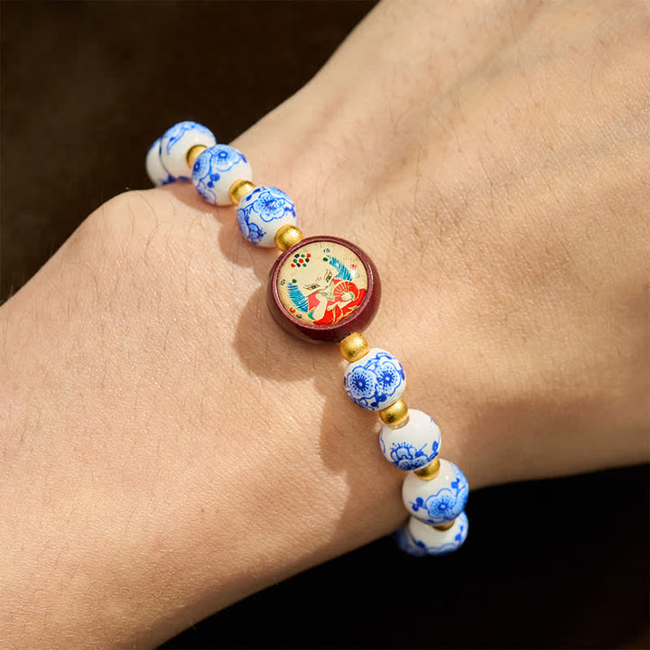 Buddha Stones Pulsera de cuentas de sabiduría con forma de zorro de porcelana azul y blanca - image 4