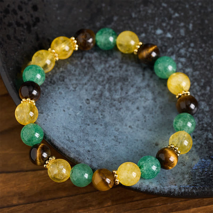 Buddha Stones Pulsera de la felicidad con cuentas de cuarzo verde fresa y ojo de tigre citrino - image 2