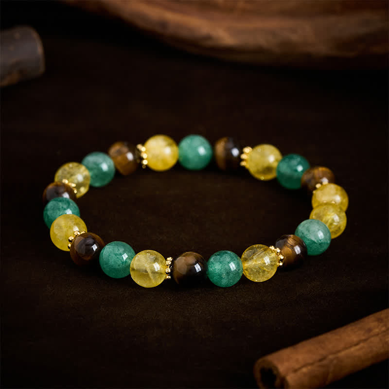 Buddha Stones Pulsera de la felicidad con cuentas de cuarzo verde fresa y ojo de tigre citrino - image 1