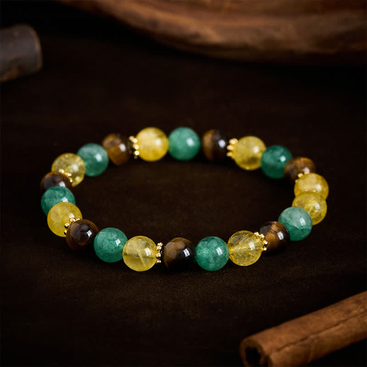 Buddha Stones Pulsera de la felicidad con cuentas de cuarzo verde fresa y ojo de tigre citrino - image 1
