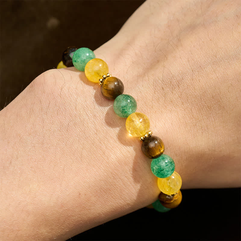 Buddha Stones Pulsera de la felicidad con cuentas de cuarzo verde fresa y ojo de tigre citrino - image 4