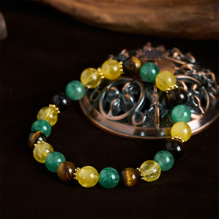 Buddha Stones Pulsera de la felicidad con cuentas de cuarzo verde fresa y ojo de tigre citrino - image 3