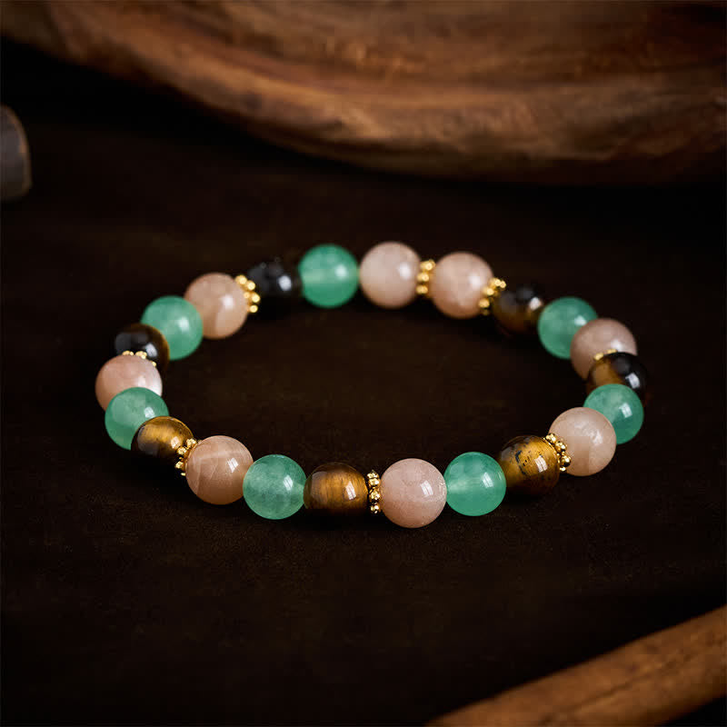 Buddha Stones Pulsera de la suerte con cuentas de piedra solar, ojo de tigre y aventurina verde - image 1