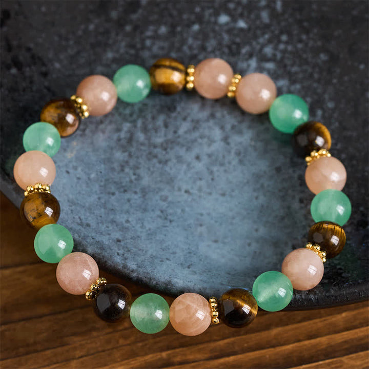 Buddha Stones Pulsera de la suerte con cuentas de piedra solar, ojo de tigre y aventurina verde - image 2