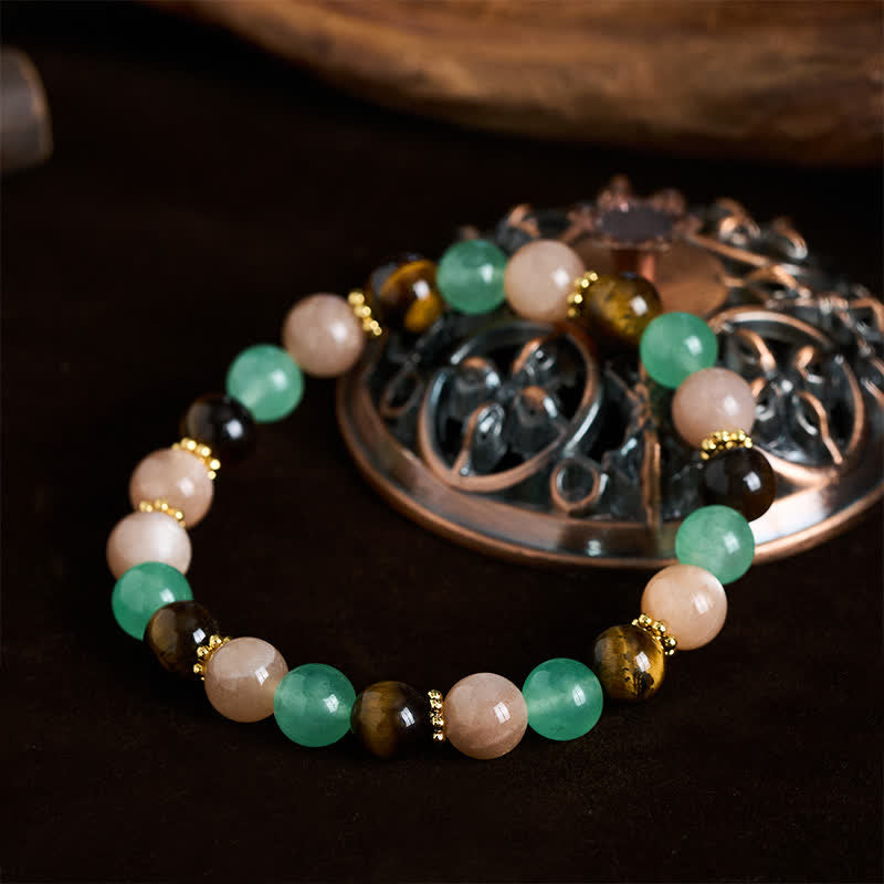Buddha Stones Pulsera de la suerte con cuentas de piedra solar, ojo de tigre y aventurina verde - image 3