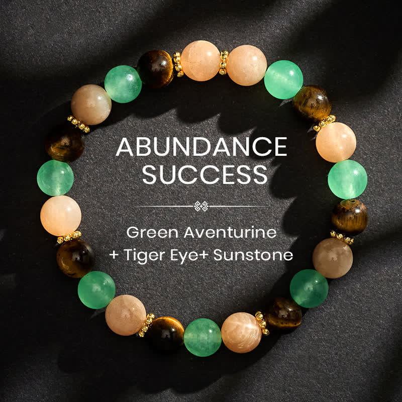 Buddha Stones Pulsera de la suerte con cuentas de piedra solar, ojo de tigre y aventurina verde - 8 mm - image 0