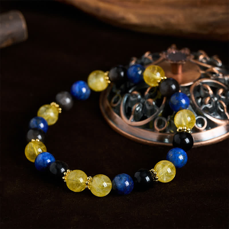Buddha Stones Pulsera Serenity con lapislázuli, brillo plateado, obsidiana y cuentas de citrino. - image 1