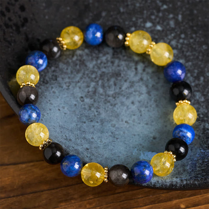 Buddha Stones Pulsera Serenity con lapislázuli, brillo plateado, obsidiana y cuentas de citrino. - image 3