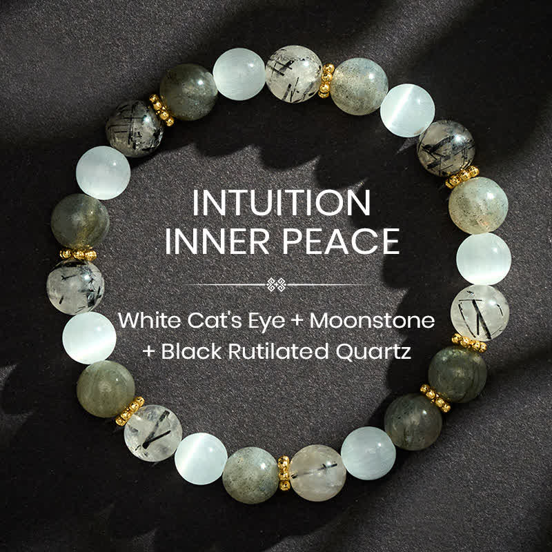 Buddha Stones Pulsera de la abundancia con cuentas de cuarzo rutilado negro, ojo de gato blanco y piedra lunar. - 8 mm - image 0