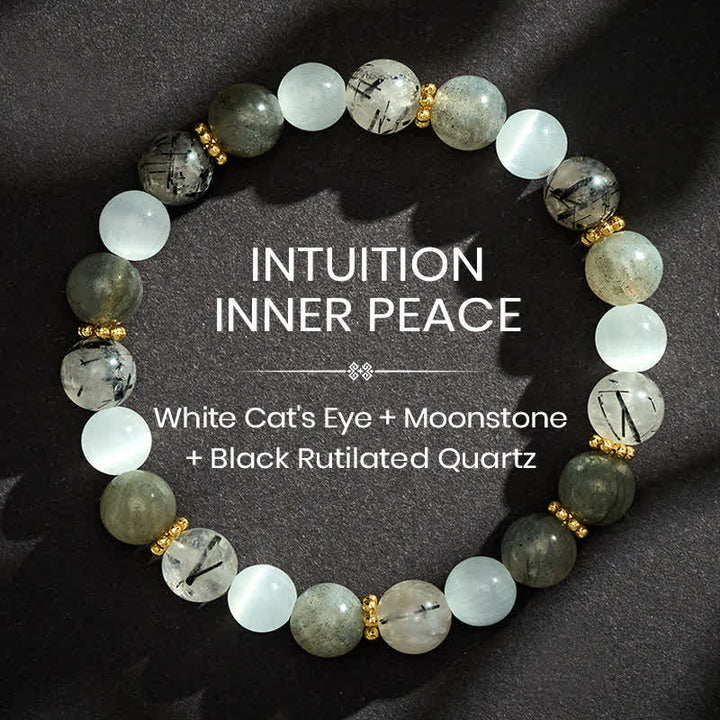 Buddha Stones Pulsera de la abundancia con cuentas de cuarzo rutilado negro, ojo de gato blanco y piedra lunar. - 8 mm - image 0