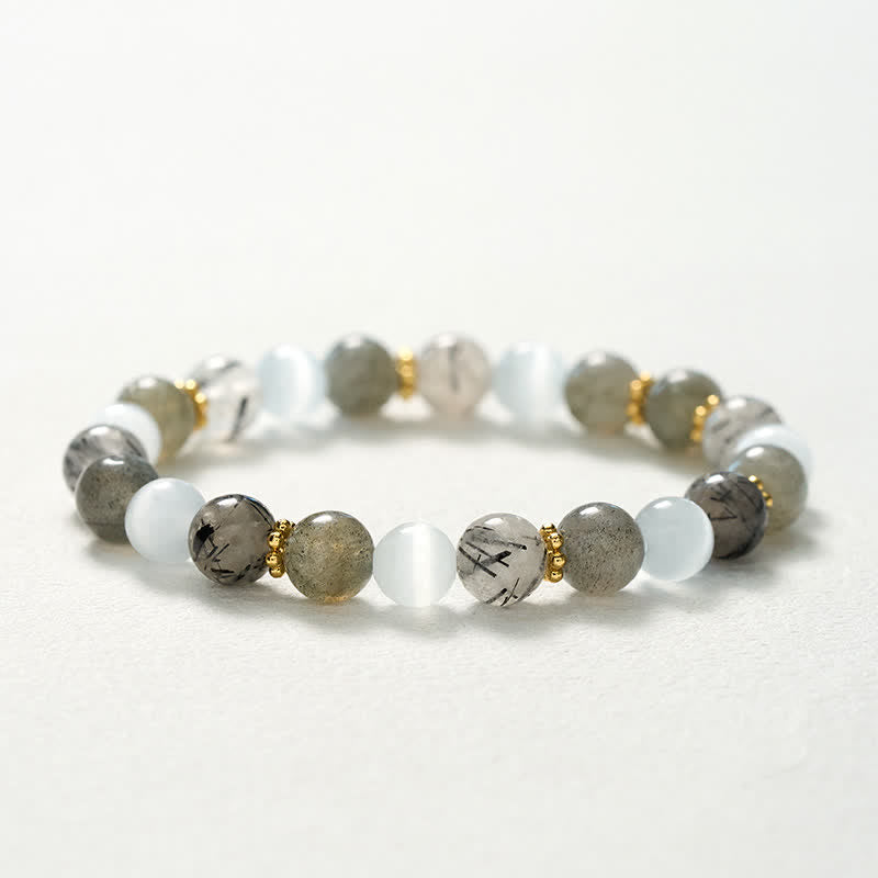 Buddha Stones Pulsera de la abundancia con cuentas de cuarzo rutilado negro, ojo de gato blanco y piedra lunar. - image 10