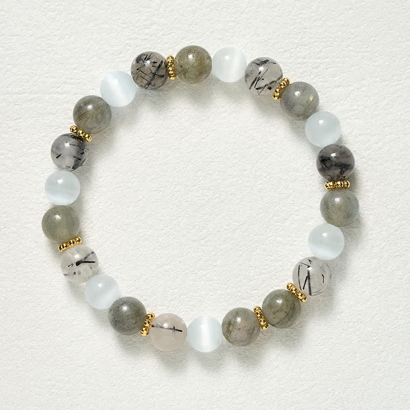Buddha Stones Pulsera de la abundancia con cuentas de cuarzo rutilado negro, ojo de gato blanco y piedra lunar. - image 9