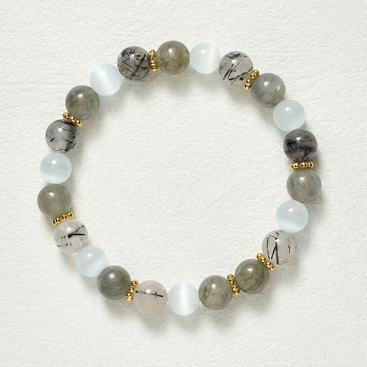 Buddha Stones Pulsera de la abundancia con cuentas de cuarzo rutilado negro, ojo de gato blanco y piedra lunar. - image 9