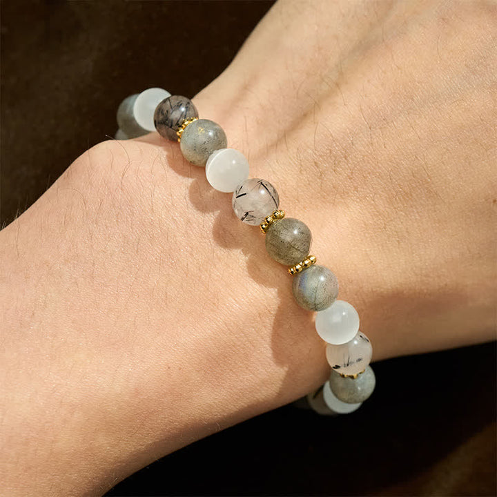 Buddha Stones Pulsera de la abundancia con cuentas de cuarzo rutilado negro, ojo de gato blanco y piedra lunar. - image 4