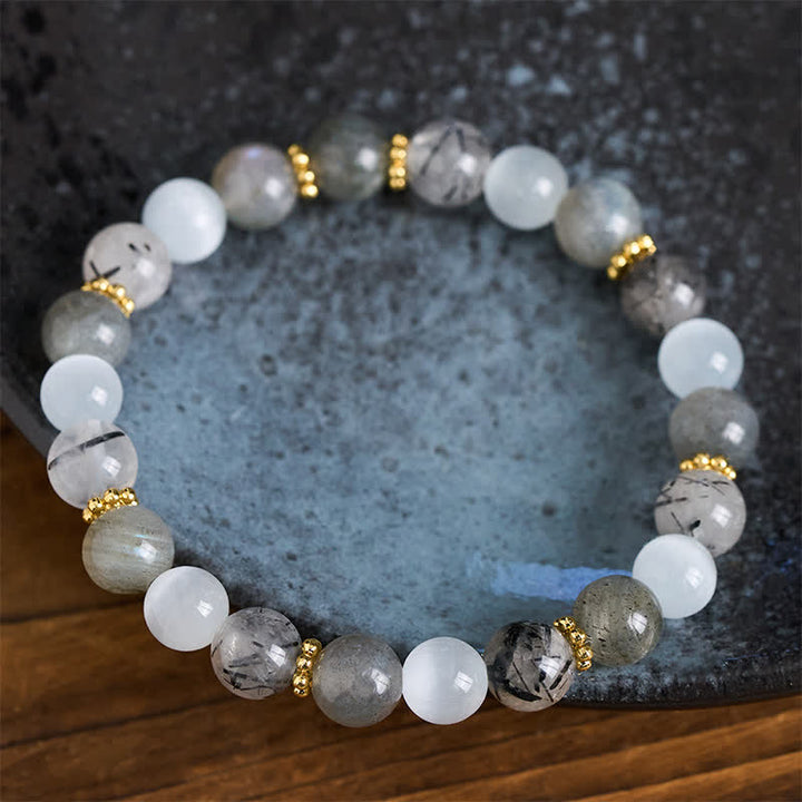 Buddha Stones Pulsera de la abundancia con cuentas de cuarzo rutilado negro, ojo de gato blanco y piedra lunar. - image 3