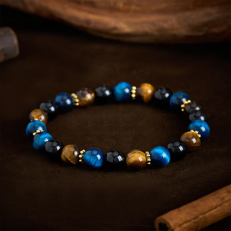 Buddha Stones Pulsera de cuentas de obsidiana azul y negra con ojo de tigre. - image 2
