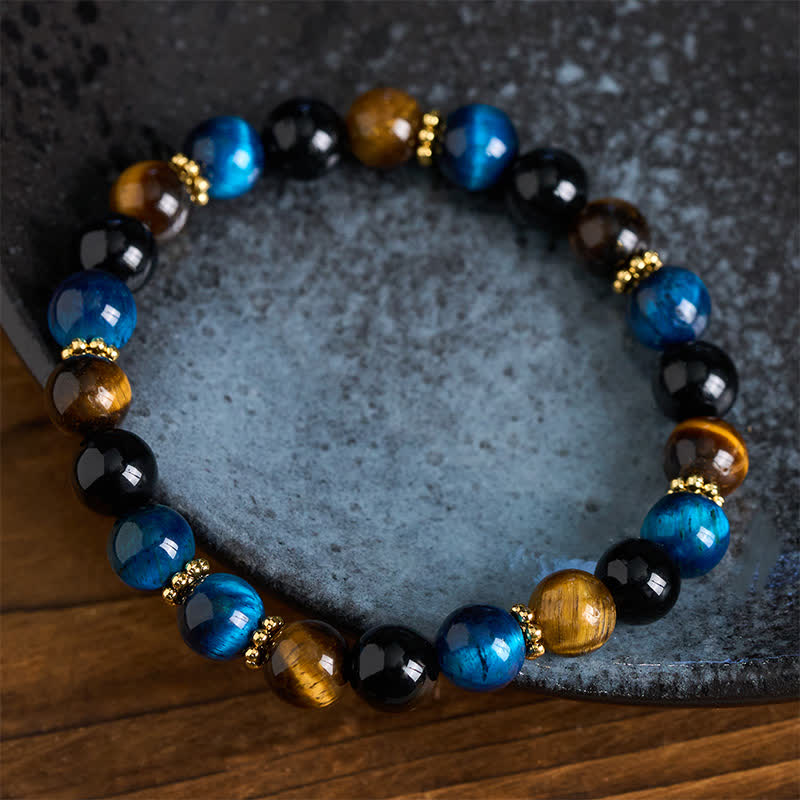 Buddha Stones Pulsera de cuentas de obsidiana azul y negra con ojo de tigre. - image 3