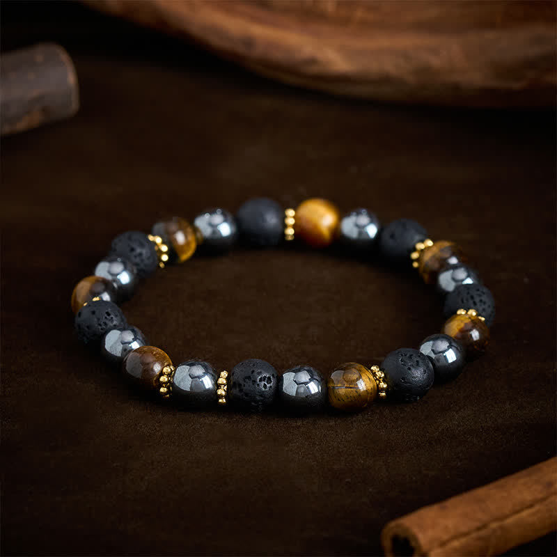 Buddha Stones Pulsera de fuerza con cuentas de hematita, roca volcánica y ojo de tigre - image 2