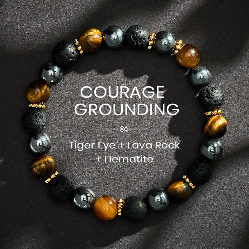 Buddha Stones Pulsera de fuerza con cuentas de hematita, roca volcánica y ojo de tigre - 8 mm - image 0