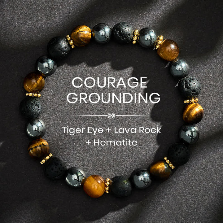 Buddha Stones Pulsera de fuerza con cuentas de hematita, roca volcánica y ojo de tigre - 8 mm - image 0