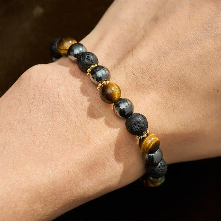 Buddha Stones Pulsera de fuerza con cuentas de hematita, roca volcánica y ojo de tigre - image 4