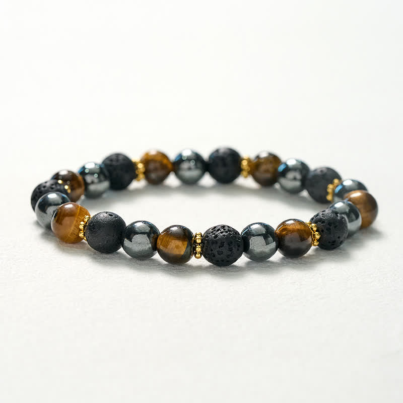 Buddha Stones Pulsera de fuerza con cuentas de hematita, roca volcánica y ojo de tigre - image 10