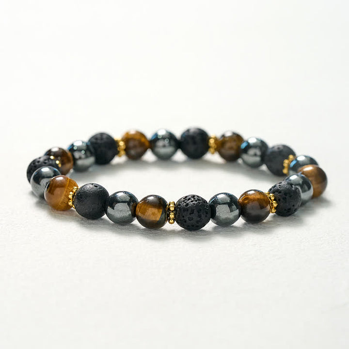 Buddha Stones Pulsera de fuerza con cuentas de hematita, roca volcánica y ojo de tigre - image 10