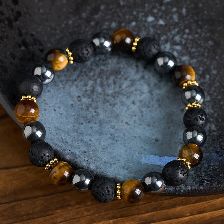 Buddha Stones Pulsera de fuerza con cuentas de hematita, roca volcánica y ojo de tigre - image 3