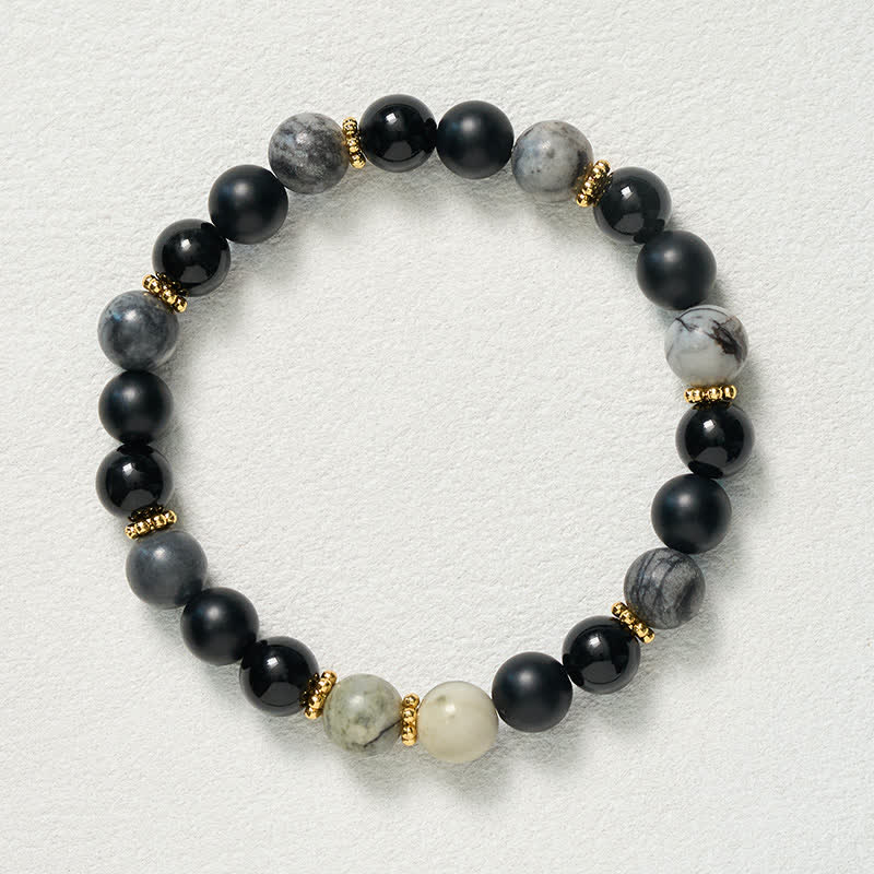 Buddha Stones Pulsera con cuentas de jaspe gris y obsidiana negra esmerilada - image 9