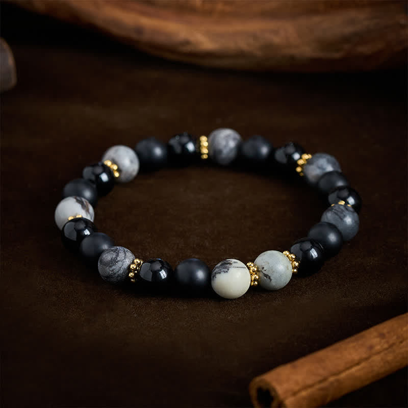 Buddha Stones Pulsera con cuentas de jaspe gris y obsidiana negra esmerilada - image 3