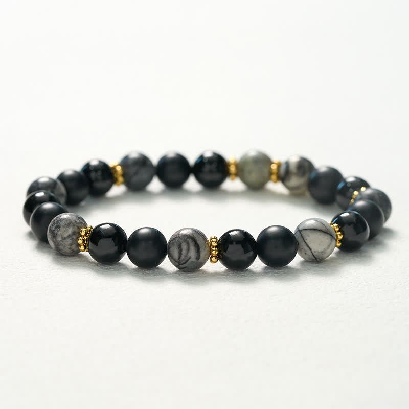 Buddha Stones Pulsera con cuentas de jaspe gris y obsidiana negra esmerilada - image 10