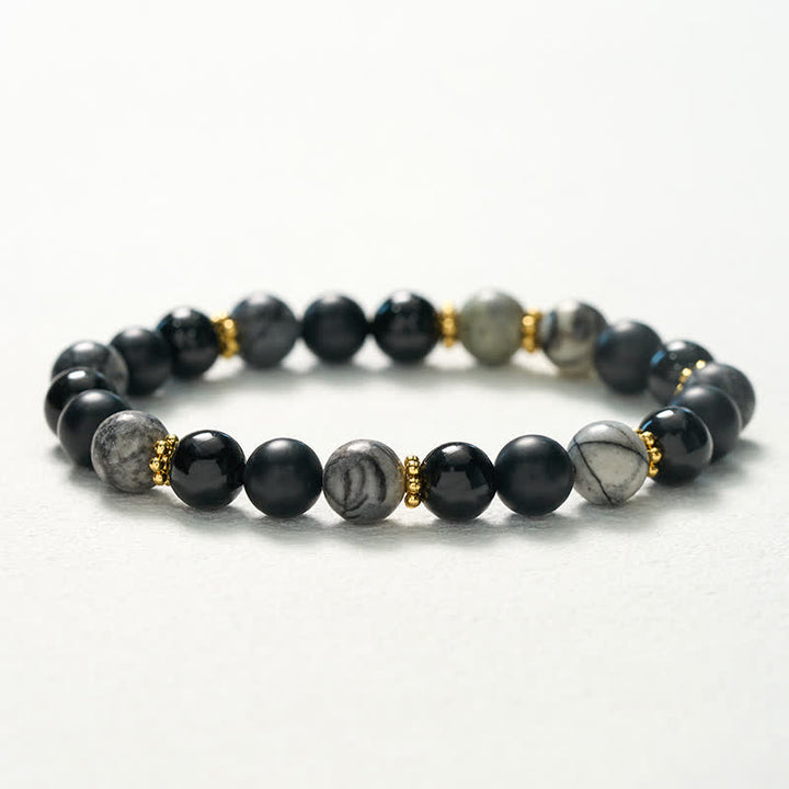 Buddha Stones Pulsera con cuentas de jaspe gris y obsidiana negra esmerilada - image 10