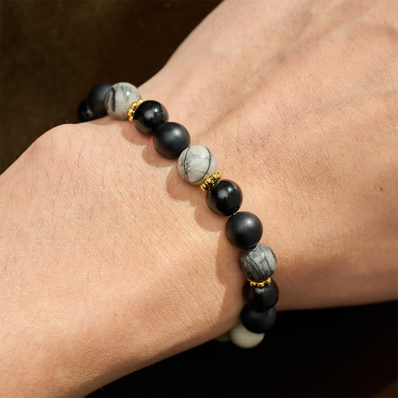 Buddha Stones Pulsera con cuentas de jaspe gris y obsidiana negra esmerilada - image 4